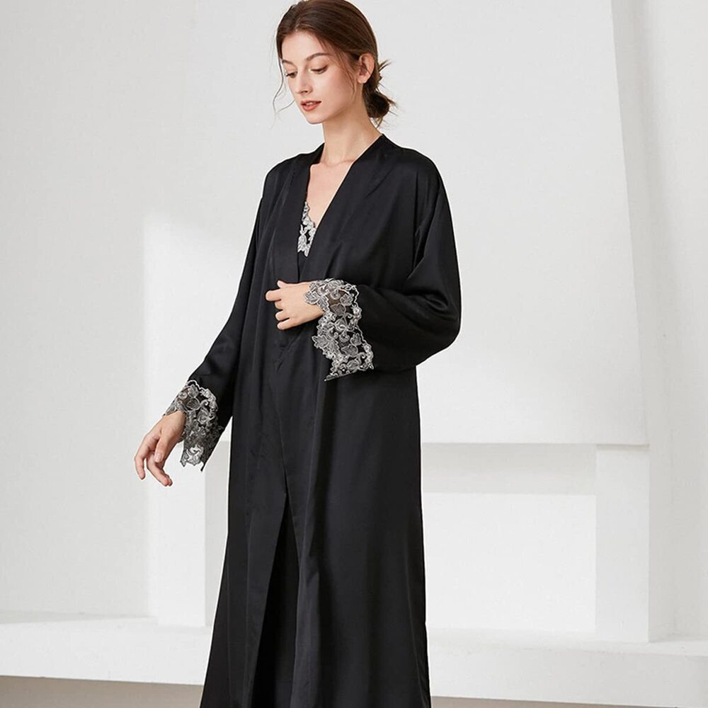 7908 2 Piece Satin Nightgowns and Robe Set Sexy Lace Silk Slip Dress Long - Picture 5 of 6